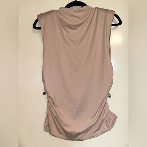 Soft women’s blouse with mock neck, rouched sides, sleeveless